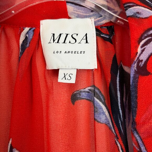 MISA Los Angeles Gracie Floral Bell Sleeve Tie Neck Semi-sheer Top Red Blouse,XS - Picture 7 of 10